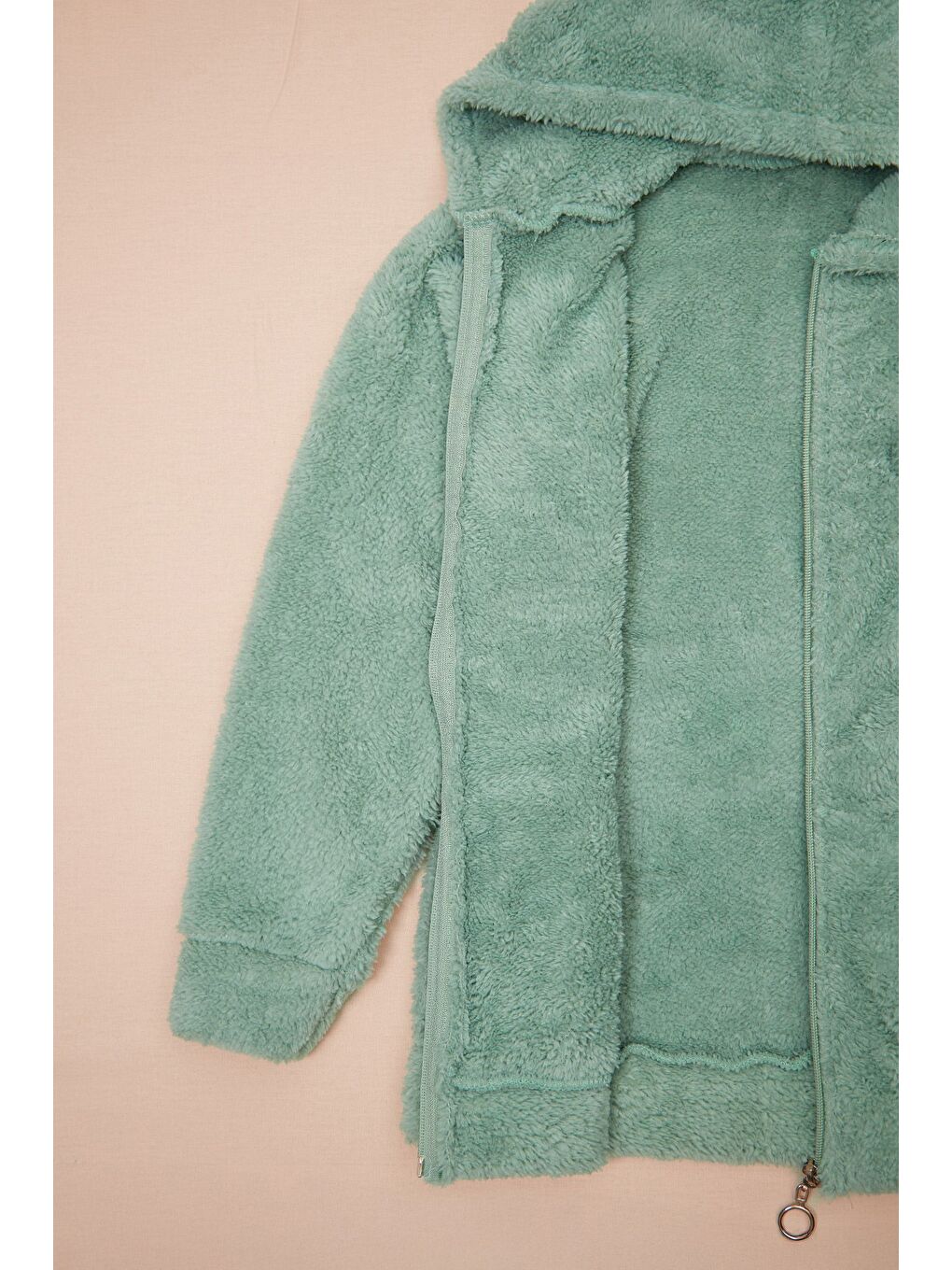 Yeşil Papatya Aksesuarlı Fermuarlı Kız Çocuk Pelüş Mont-3