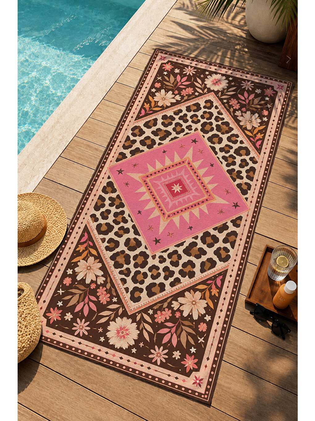 Bohem Leopar Pembe Geometrik Kilim Motifli Desenli 70x150 Plaj Havlusu - Pamuklu Banyo Havlusu-3