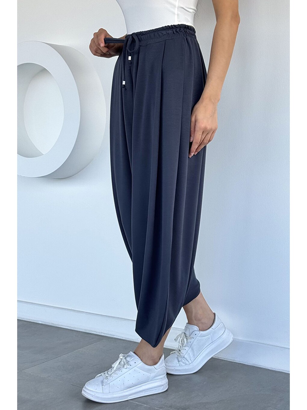 Gri Kadın Bel Lastikli Şalvar Model Pantolon-1
