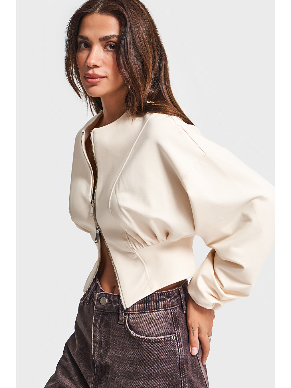 Kadın Ekru Renk w5-57 Bol Kesim Örme Esnek Kumaş Oversize Fermuarlı Sweatshirt-3