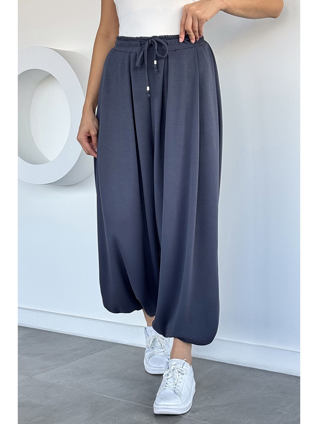 Gri Kadın Bel Lastikli Şalvar Model Pantolon-2