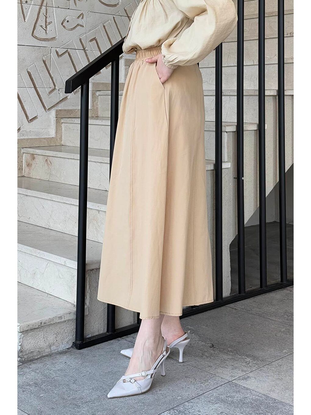 Kahverengi Kloş Tesettür Etek Camel-3