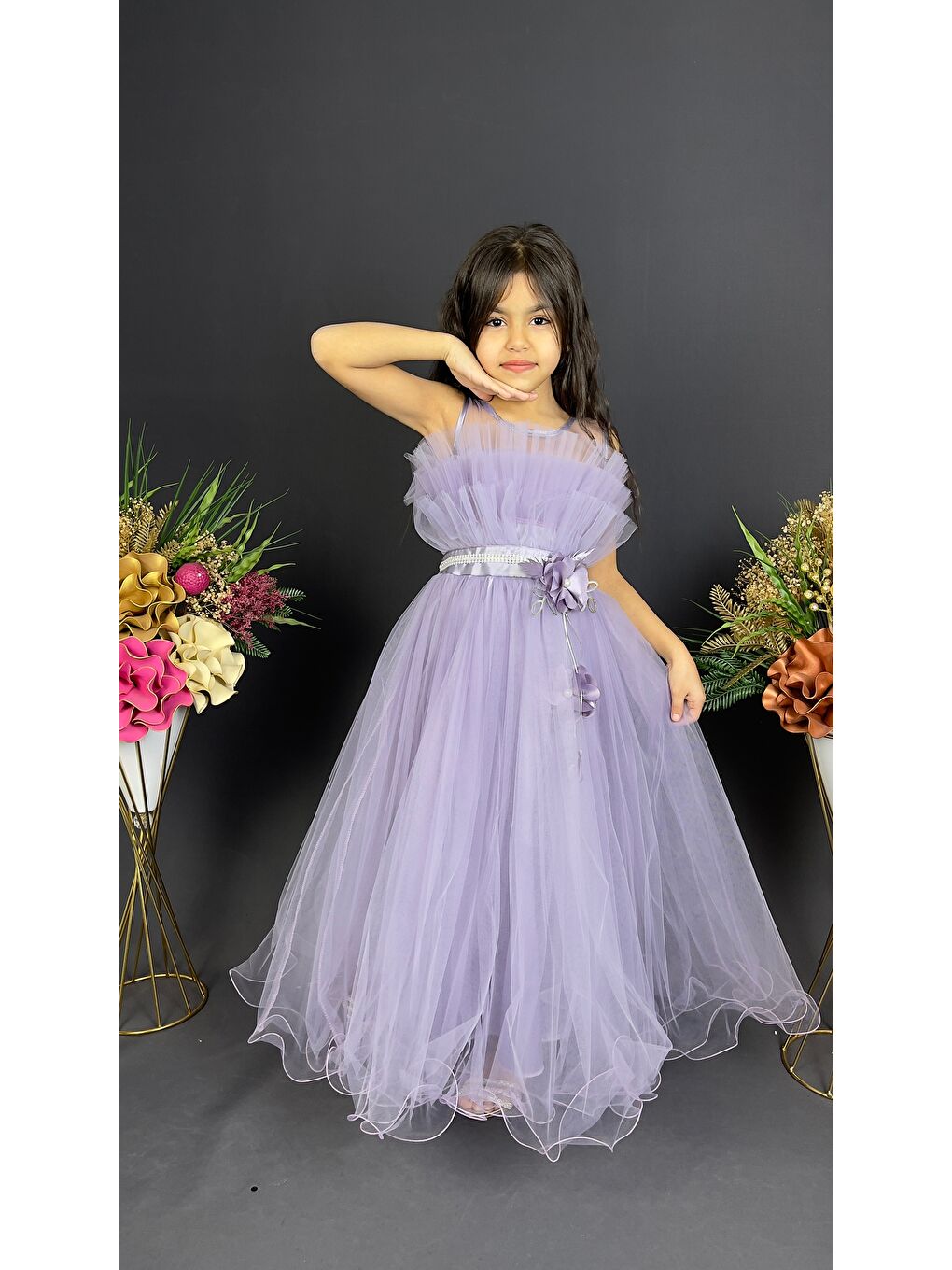 Lila Kız Çocuk Robası Katlı Özel Abiye Elbise MNK0475-7