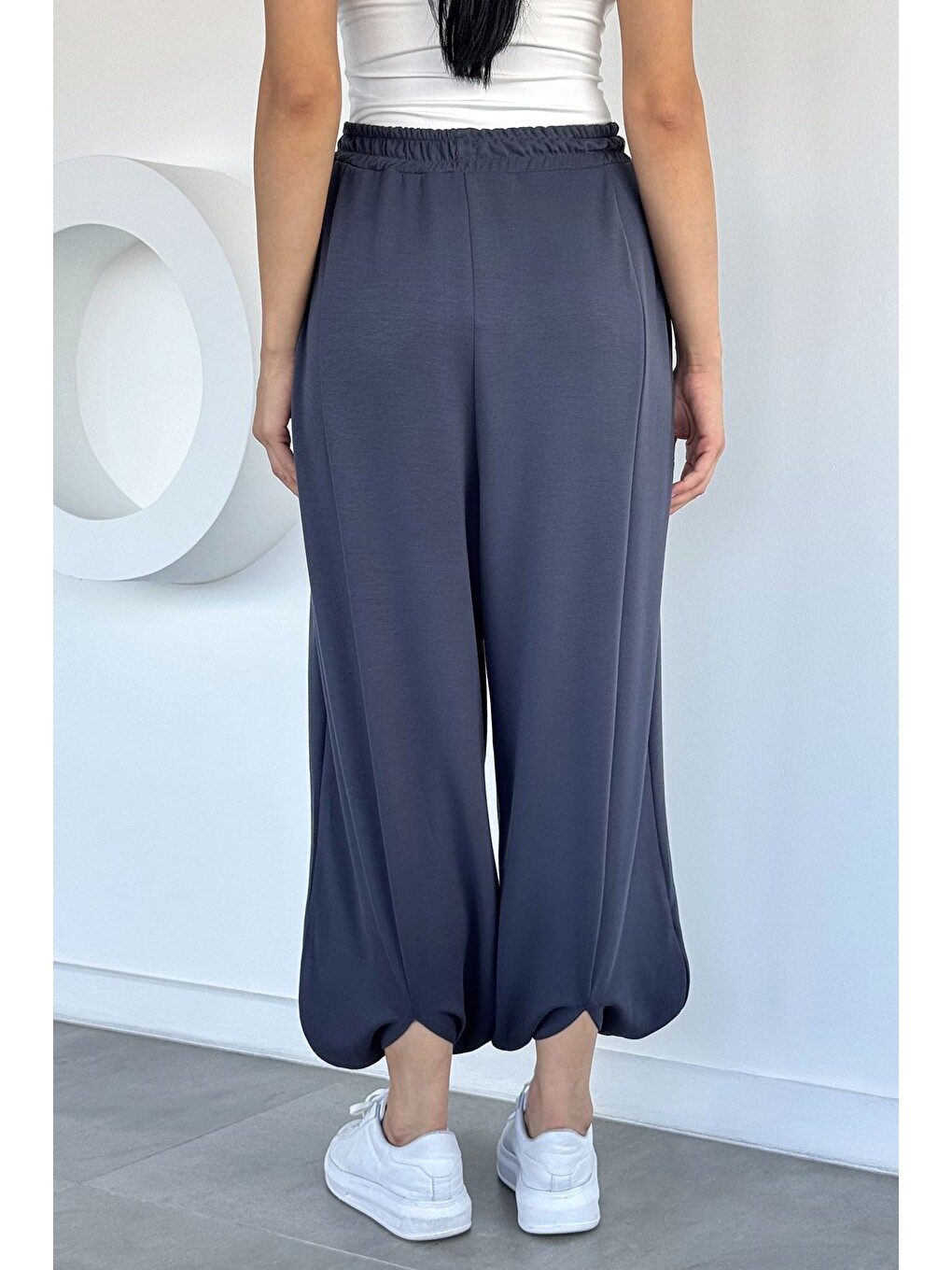 Gri Kadın Bel Lastikli Şalvar Model Pantolon-3