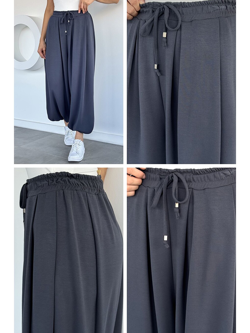 Gri Kadın Bel Lastikli Şalvar Model Pantolon-4