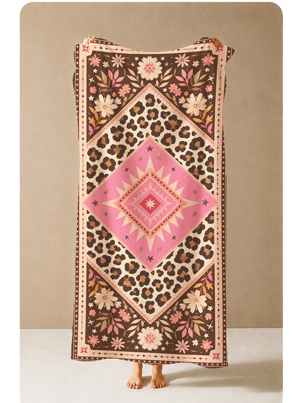 Bohem Leopar Pembe Geometrik Kilim Motifli Desenli 70x150 Plaj Havlusu - Pamuklu Banyo Havlusu-4