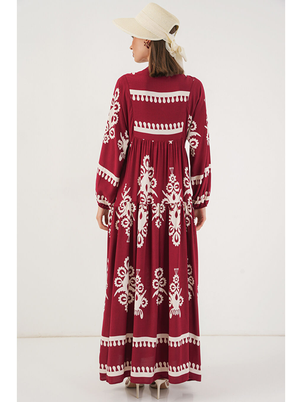 Kadın Desenli Uzun Tesettür Elbise 2585 - A.Bordo-5