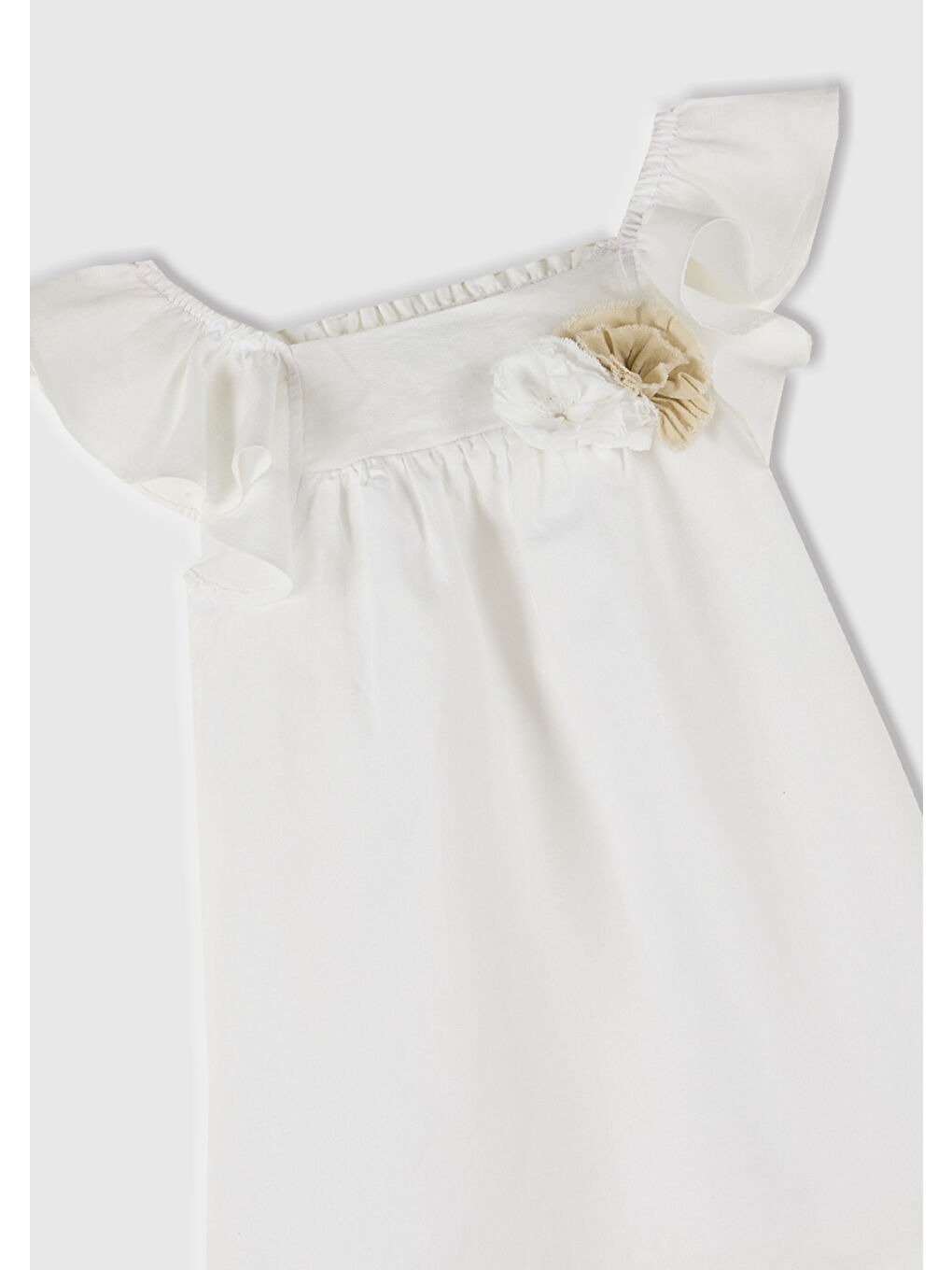 Kız Çocuk Beyaz Keten Karışımlı Çiçek Aplikeli Askısı Fırfırlı Pileli Elbise-1
