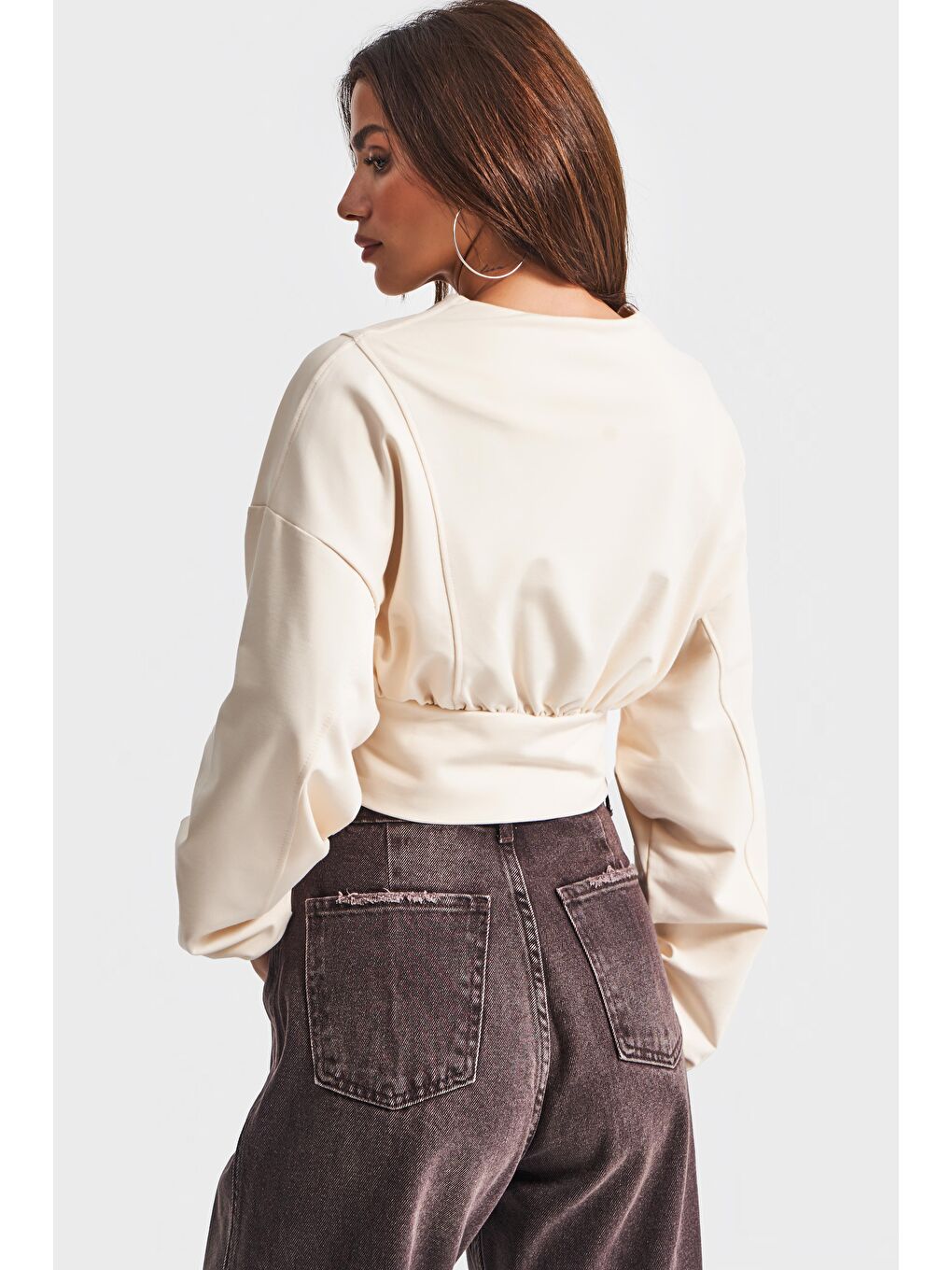 Kadın Ekru Renk w5-57 Bol Kesim Örme Esnek Kumaş Oversize Fermuarlı Sweatshirt-4