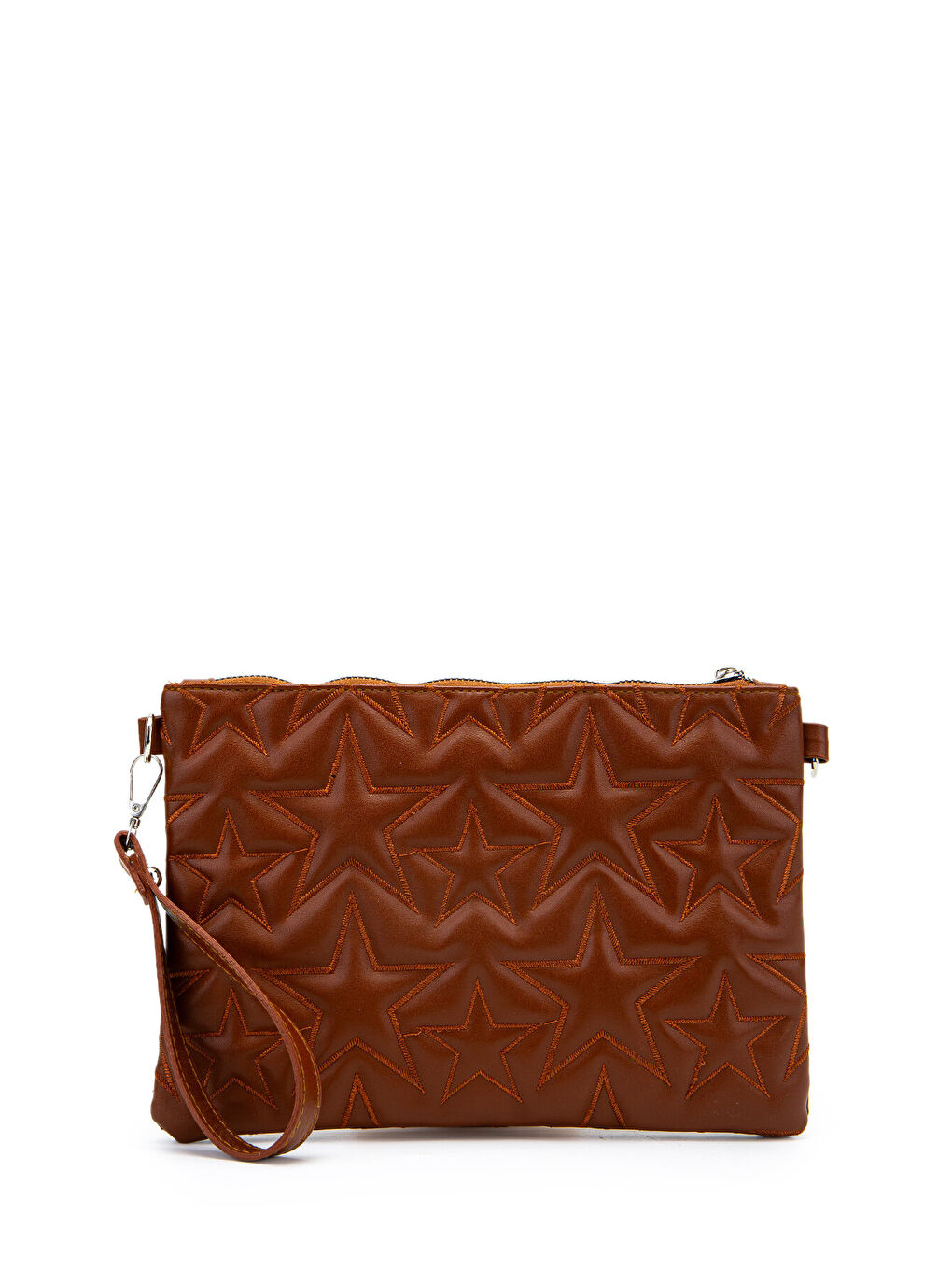 Kahverengi Yıldız Dikişli Clutch Suni Deri Star Kadın Çanta Taba-1