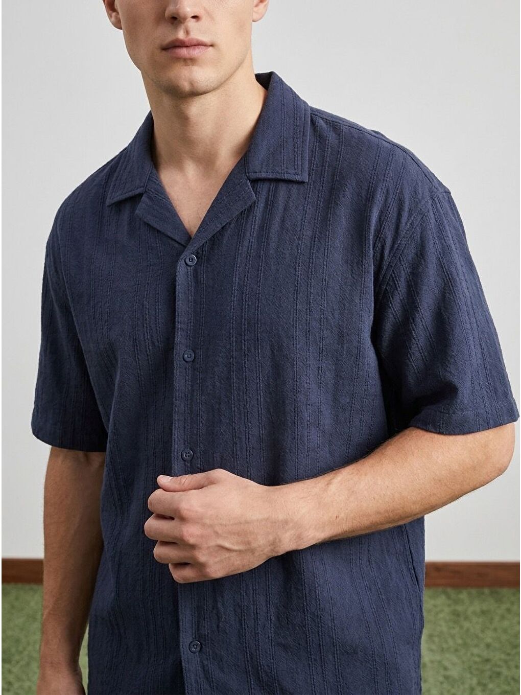 Erkek Jakarlı %100 Pamuk Dokulu Gömlek Şort Takım Lacivert 3016DNGR-2