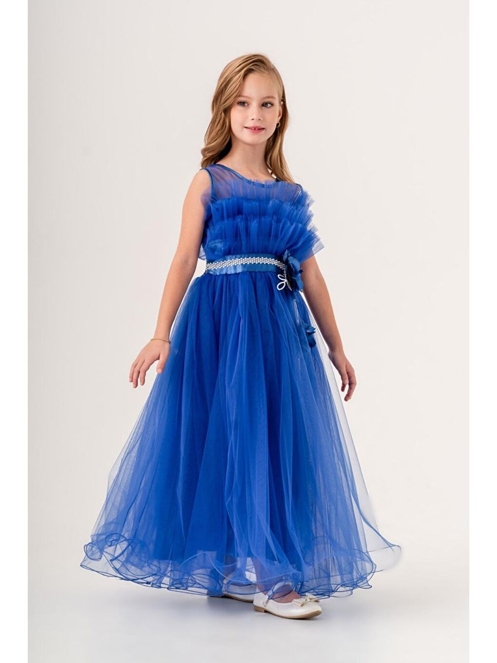 Mavi Kız Çocuk Robası Katlı Özel Abiye Elbise MNK0475-8