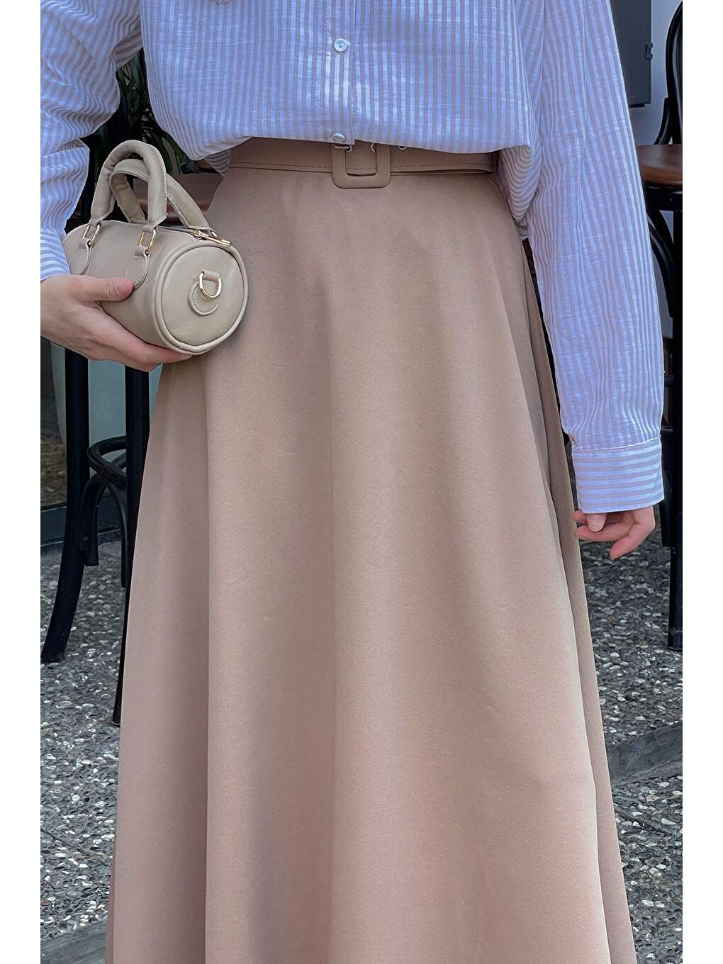 Kahverengi Kemer Detaylı Kloş Etek Sütlü Kahve-1