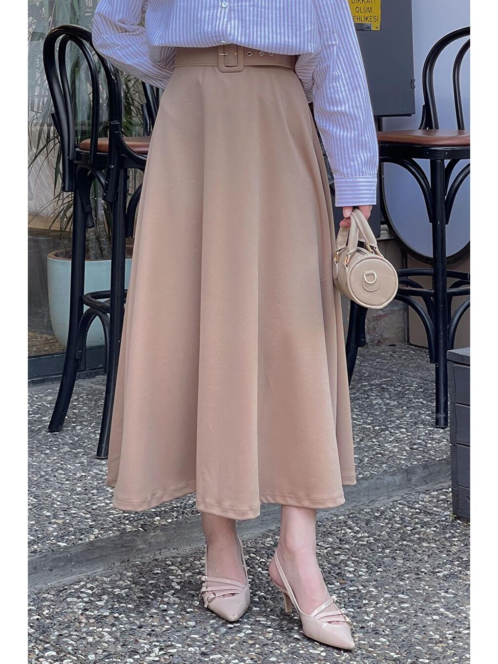 Kahverengi Kemer Detaylı Kloş Etek Sütlü Kahve-2