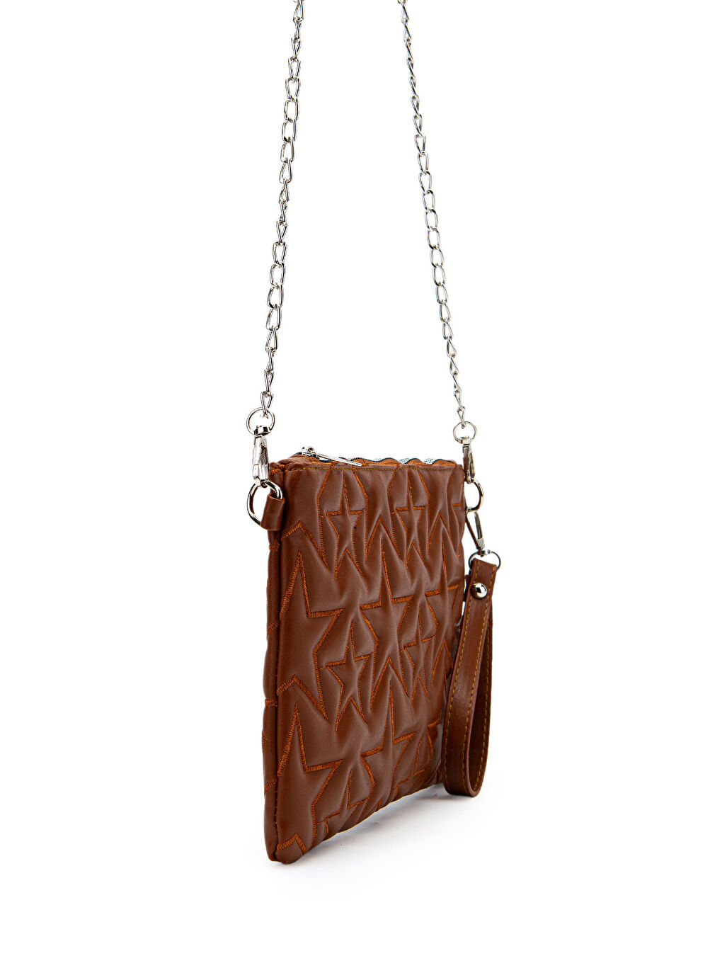 Kahverengi Yıldız Dikişli Clutch Suni Deri Star Kadın Çanta Taba-2