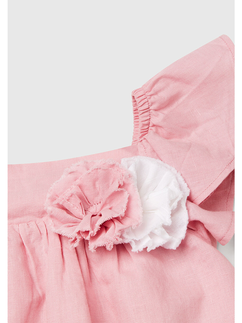 Kız Çocuk Pembe Keten Karışımlı Çiçek Aplikeli Askısı Fırfırlı Pileli Elbise-2