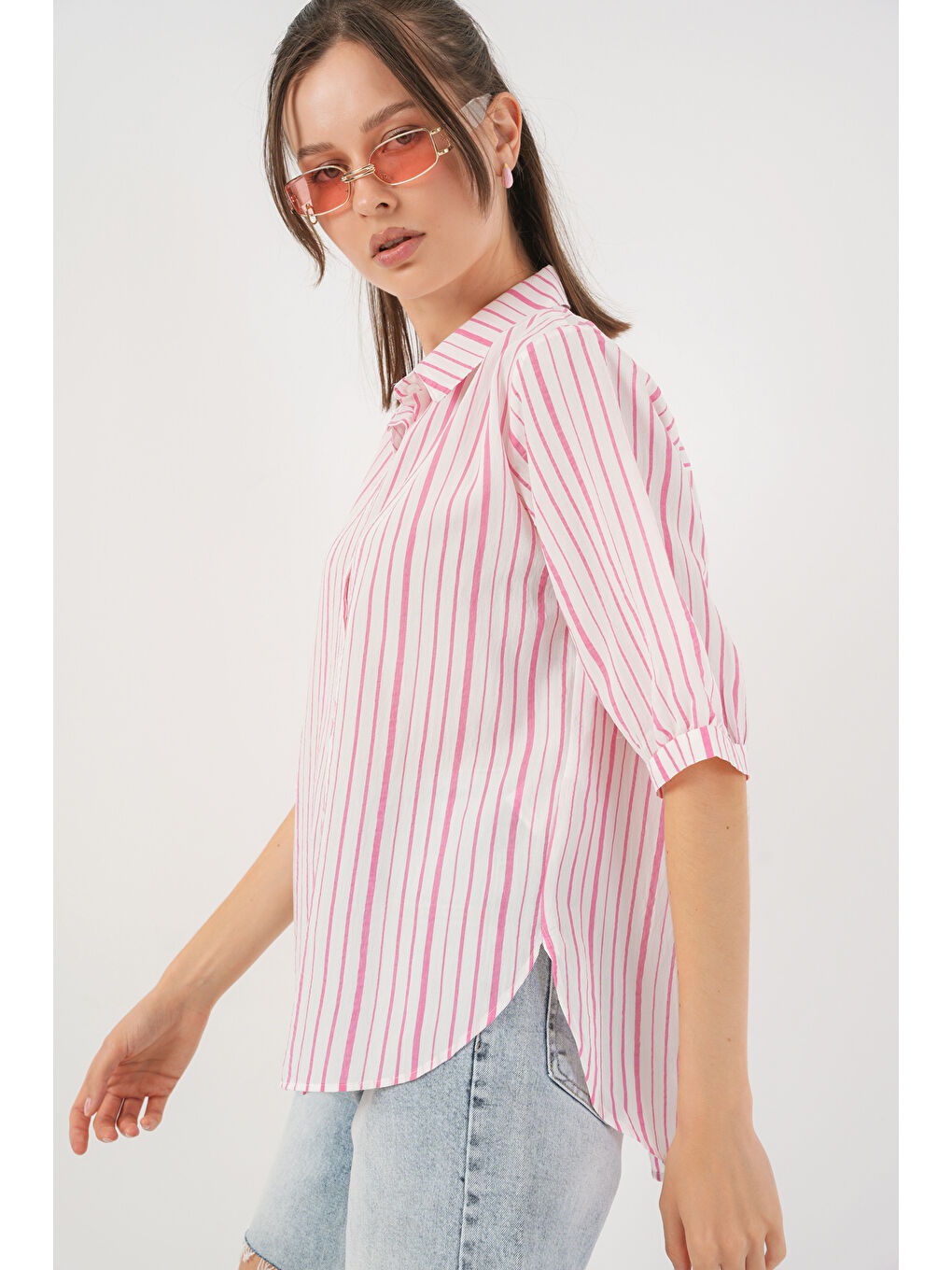 Pembe Kadın Çizgili Kısa Kol Gömlek 20345 - Pudra-2