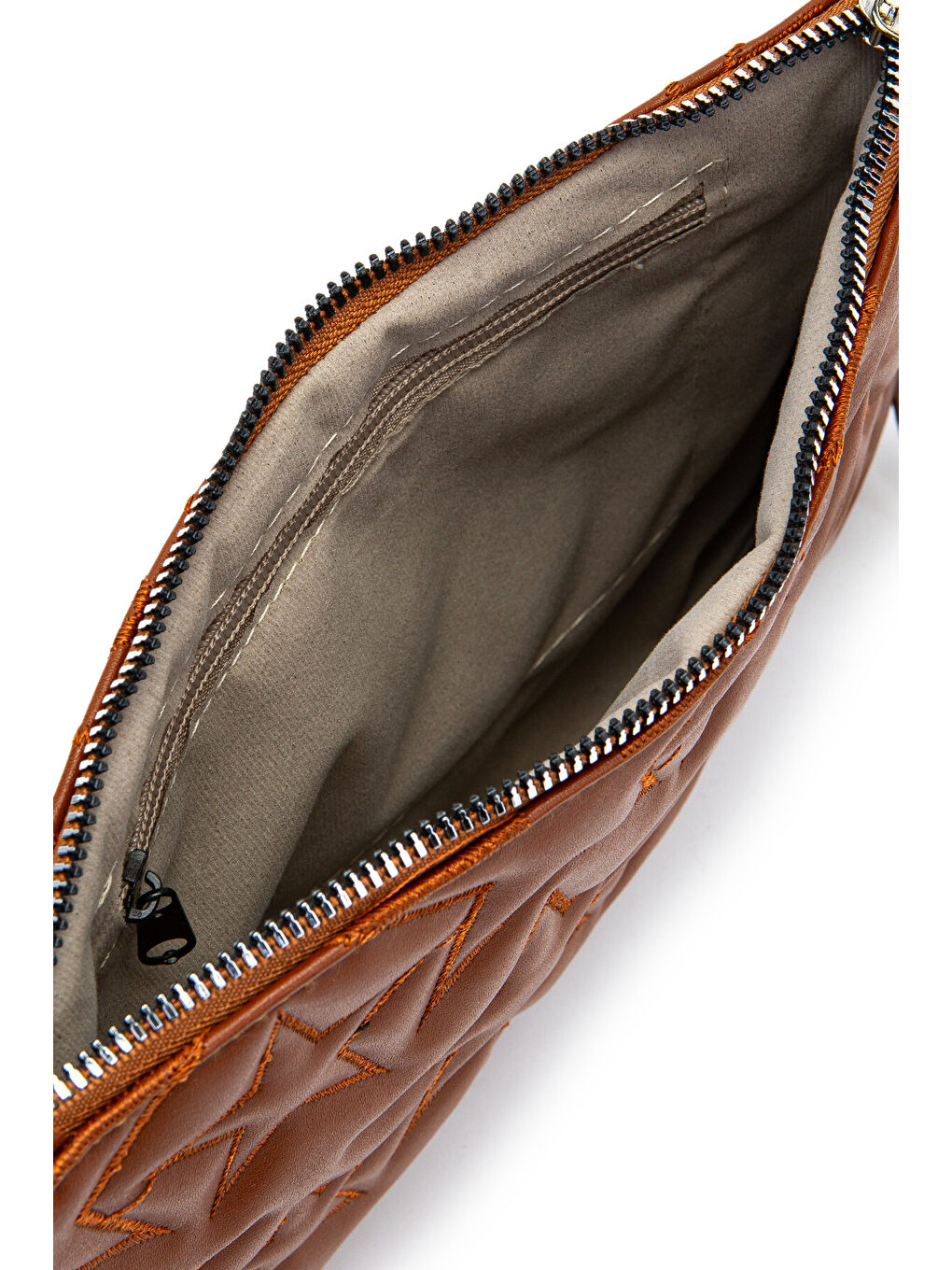 Kahverengi Yıldız Dikişli Clutch Suni Deri Star Kadın Çanta Taba-3