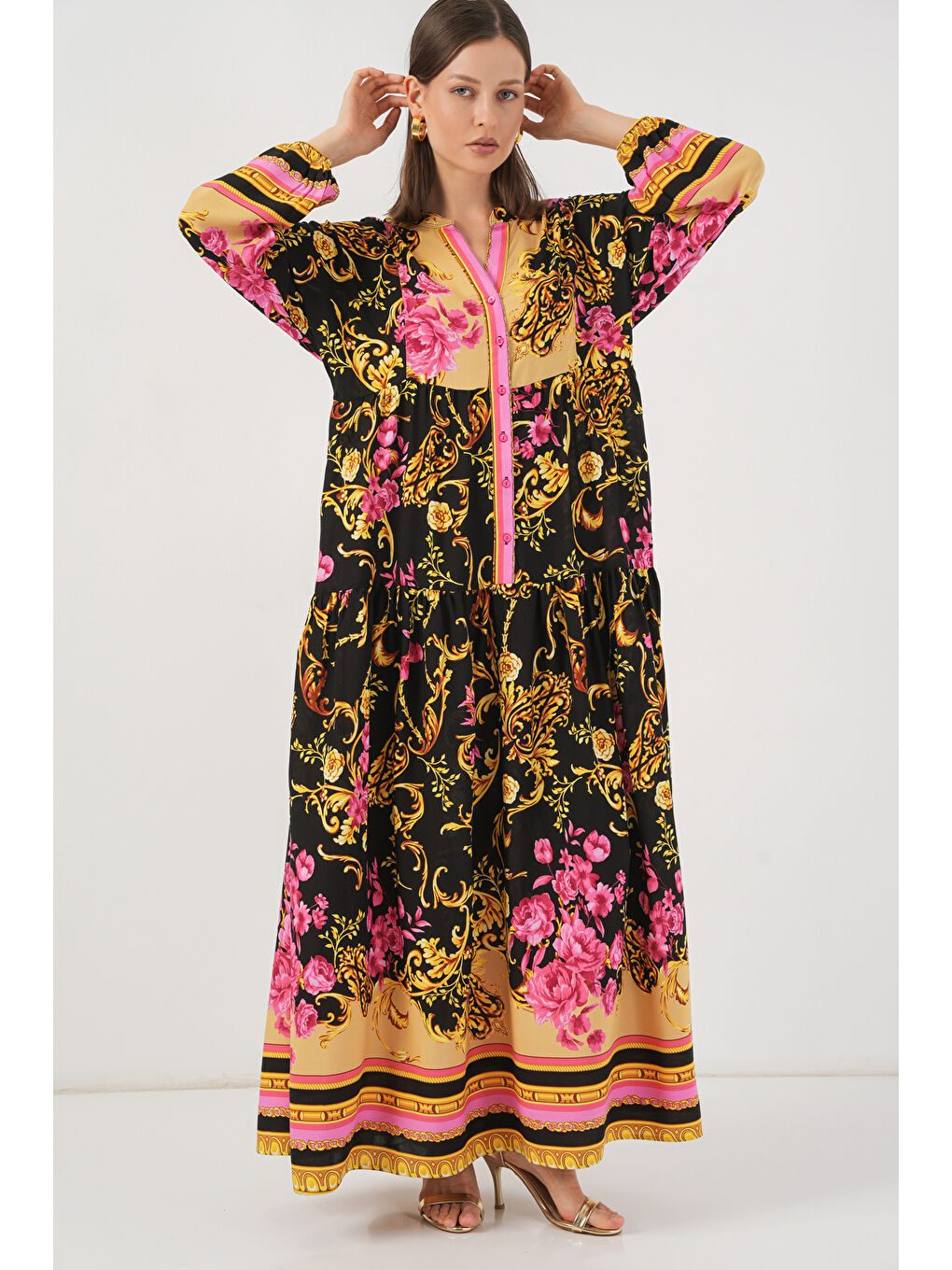 Kadın Desenli Uzun Tesettür Elbise 2585 - B.Sarı