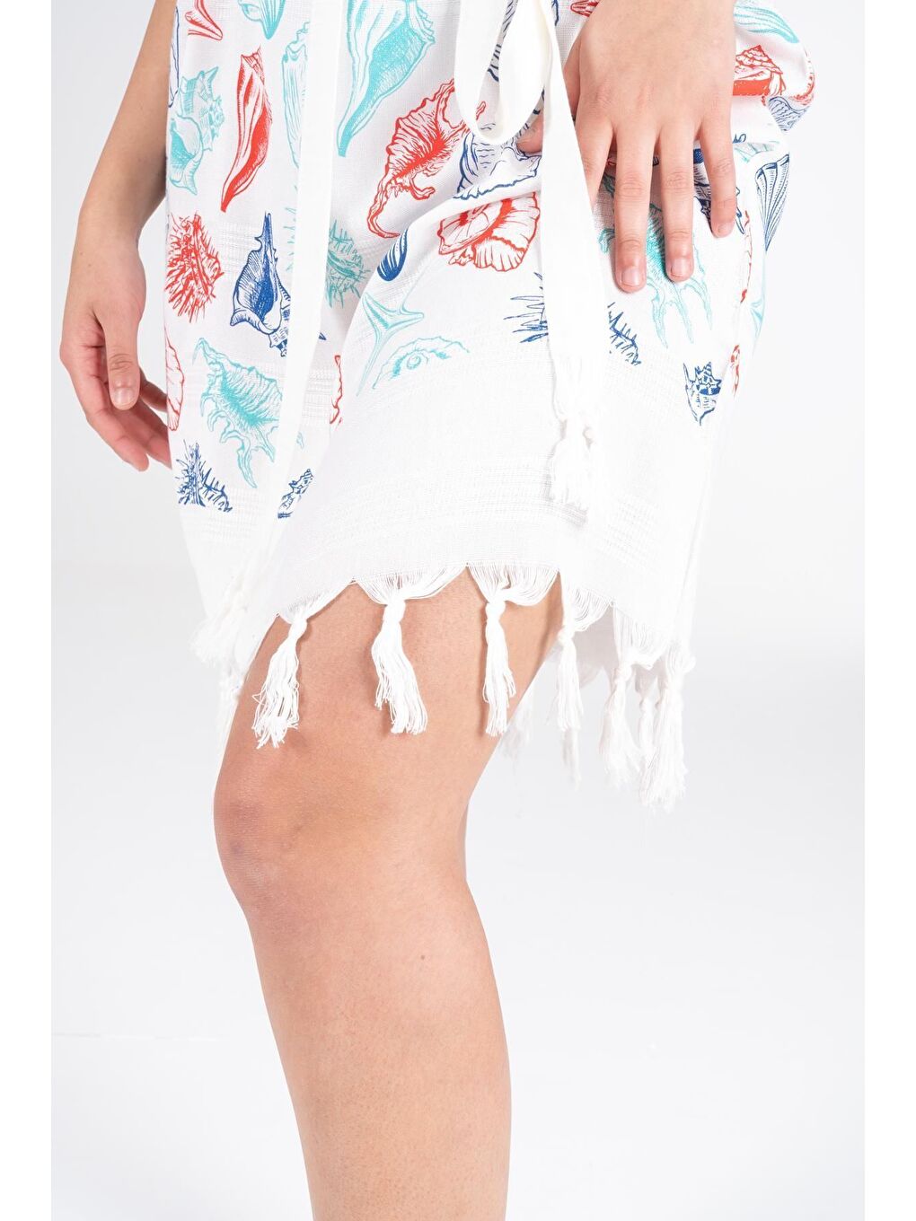 Ekru Baskılı Bambu Plaj Elbisesi-5