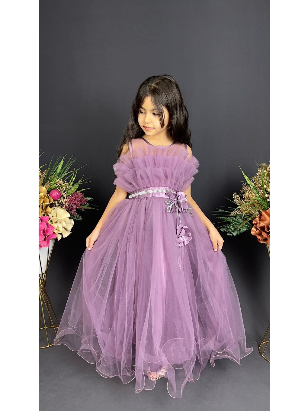 Mürdüm Kız Çocuk Robası Katlı Özel Abiye Elbise MNK0475-1