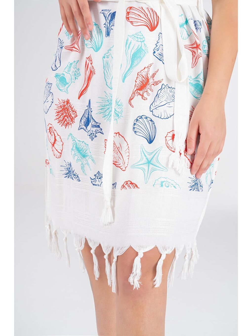 Ekru Baskılı Bambu Plaj Elbisesi-6