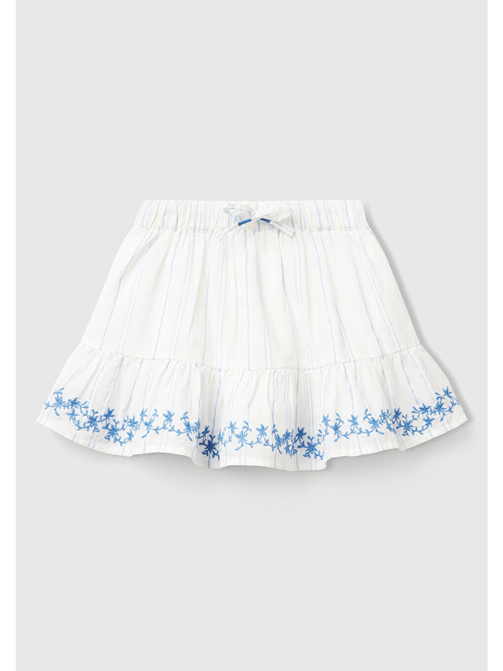 Kız Çocuk Beyaz Çizgili Etek Ucu İşlemeli Büzgü İpli Etek