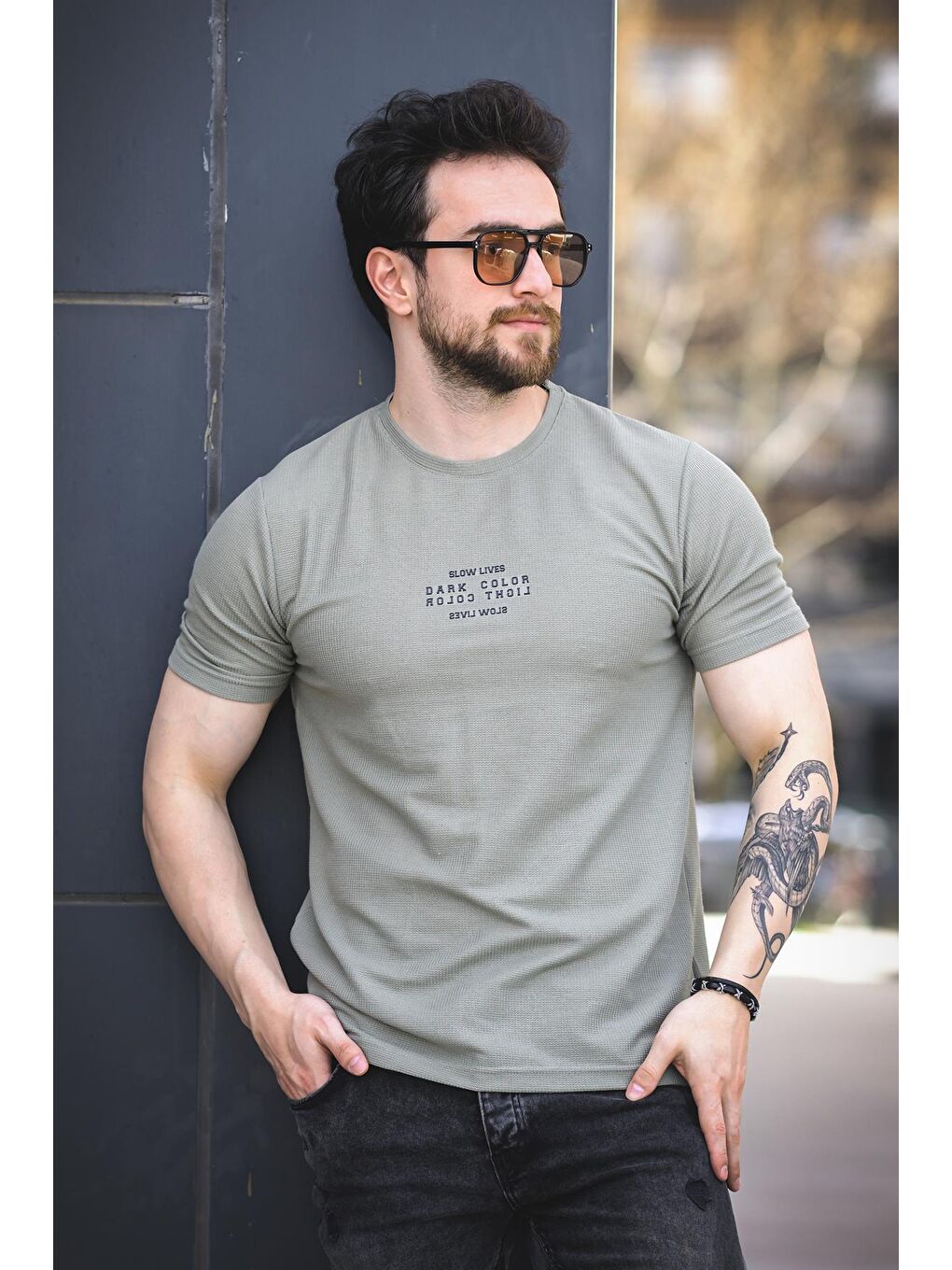 Yeşil Slow Lives Waffle Kumaş Bisiklet Yaka Baskılı Erkek Tshirt