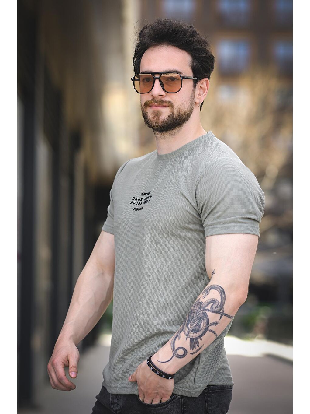 Yeşil Slow Lives Waffle Kumaş Bisiklet Yaka Baskılı Erkek Tshirt-2