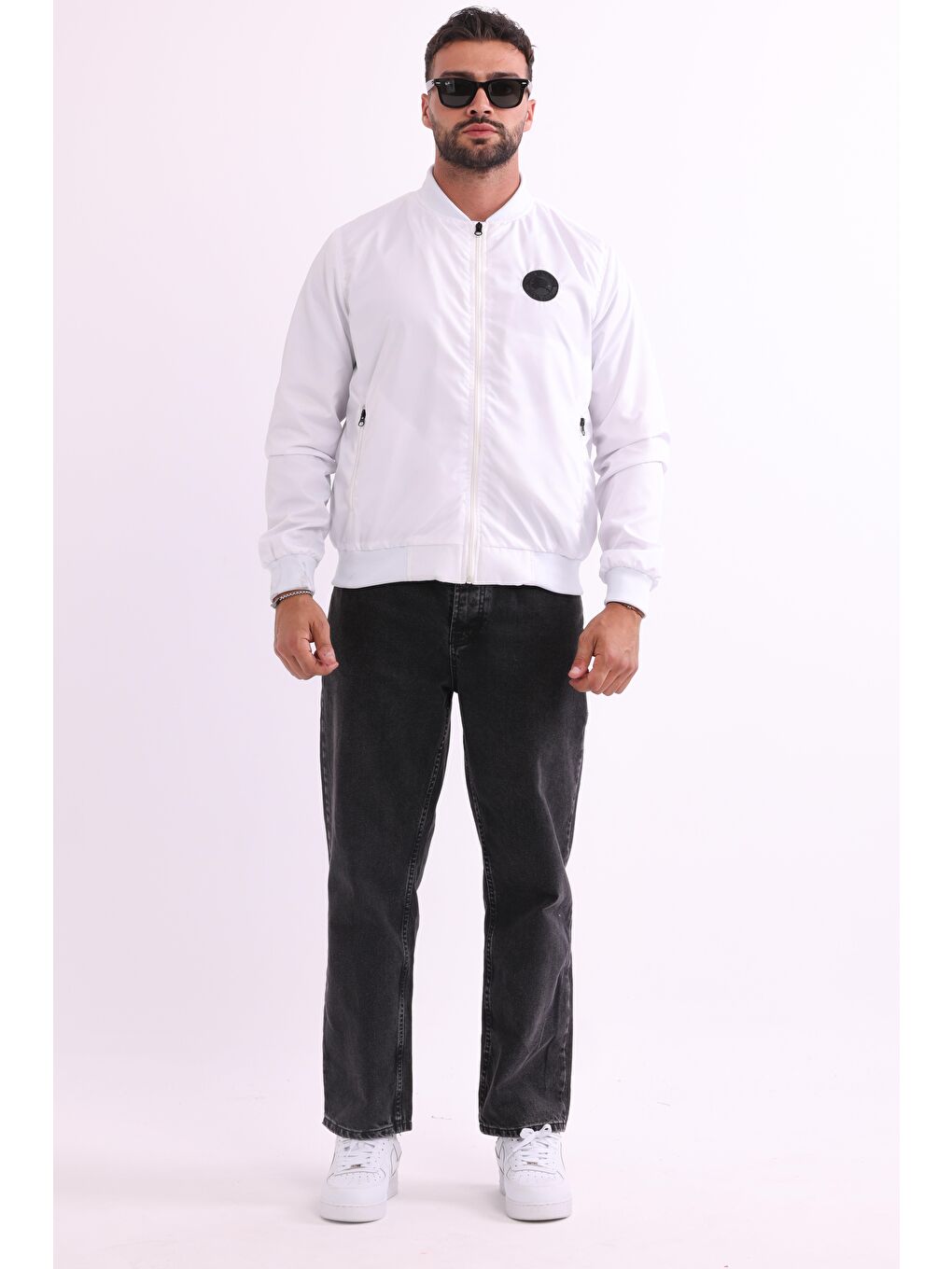 Beyaz Erkek Kolej Yaka Rüzgara Dayanıklı Mevsimlik Spor Mont M-6-2-1
