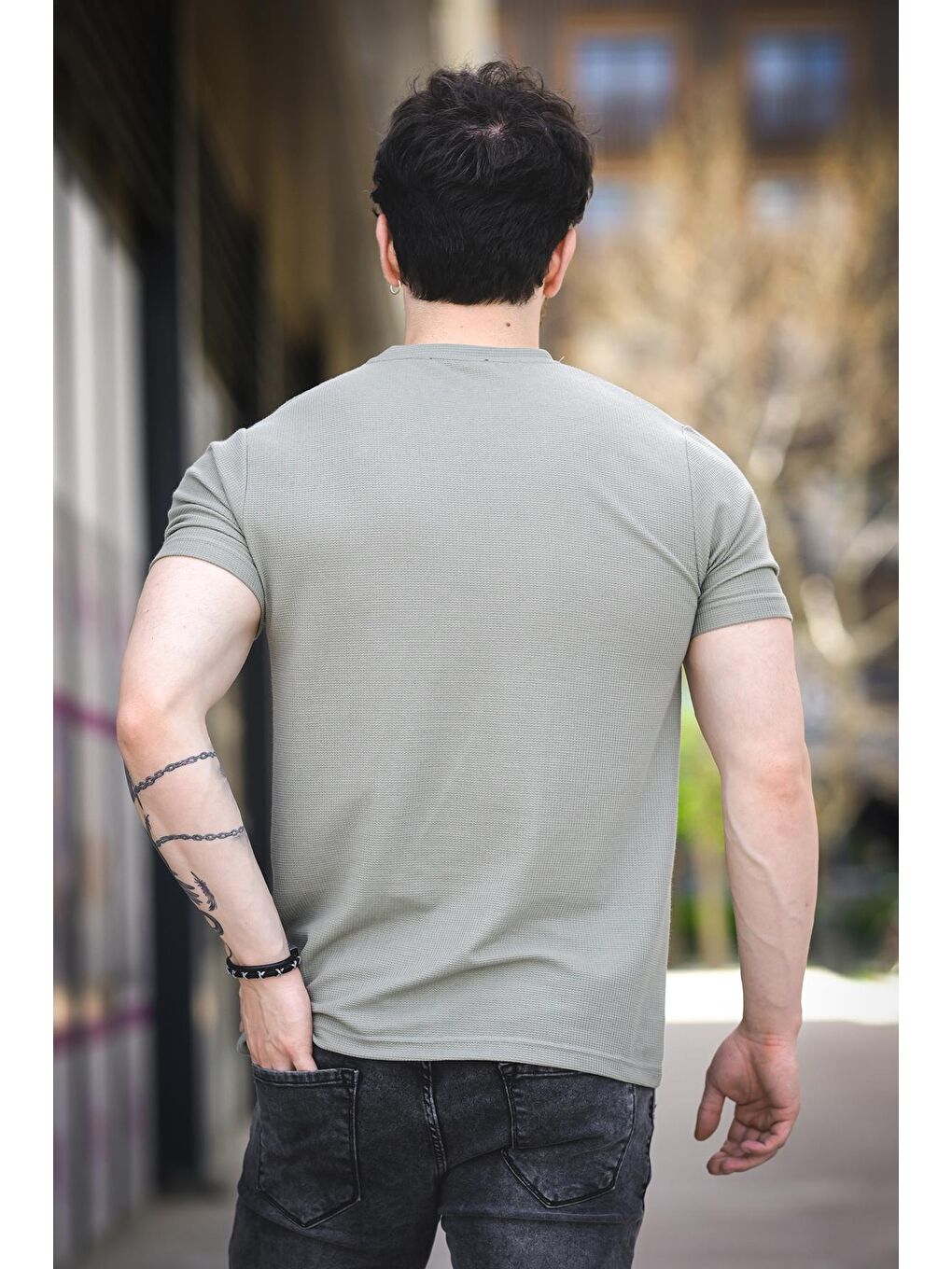 Yeşil Slow Lives Waffle Kumaş Bisiklet Yaka Baskılı Erkek Tshirt-3