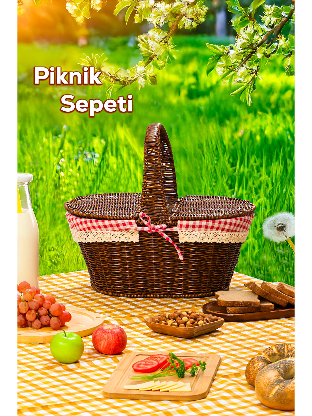 Kahverengi 2080 Oval Hasır Görünümlü Piknik Sepeti Piknik Çantası 41x35cm