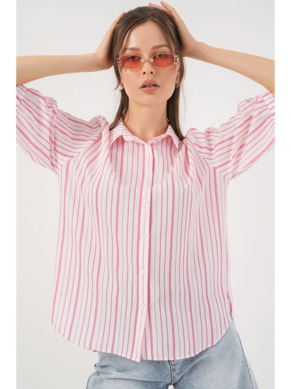 Pembe Kadın Çizgili Kısa Kol Gömlek 20345 - Pudra-3