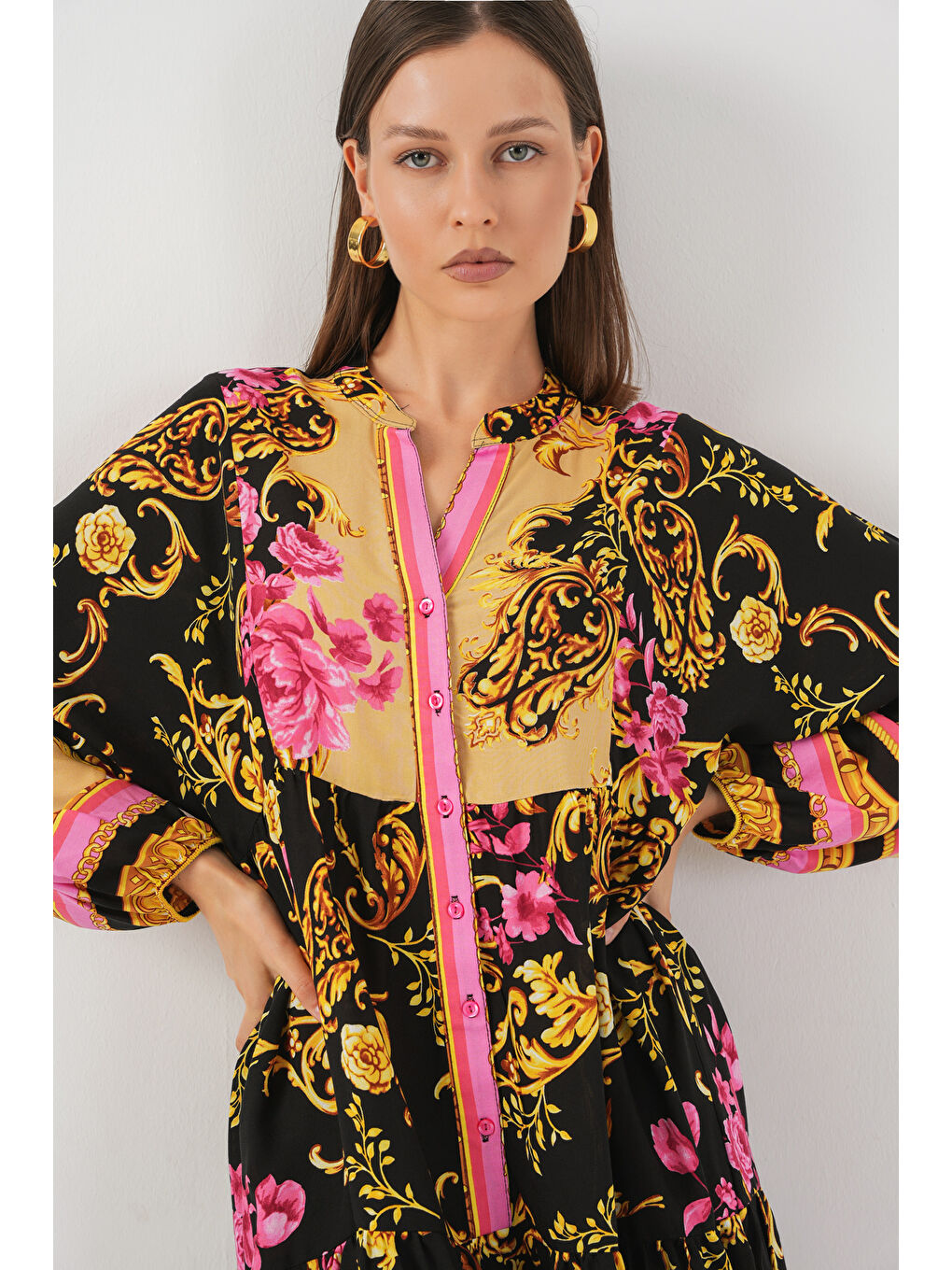 Kadın Desenli Uzun Tesettür Elbise 2585 - B.Sarı-1