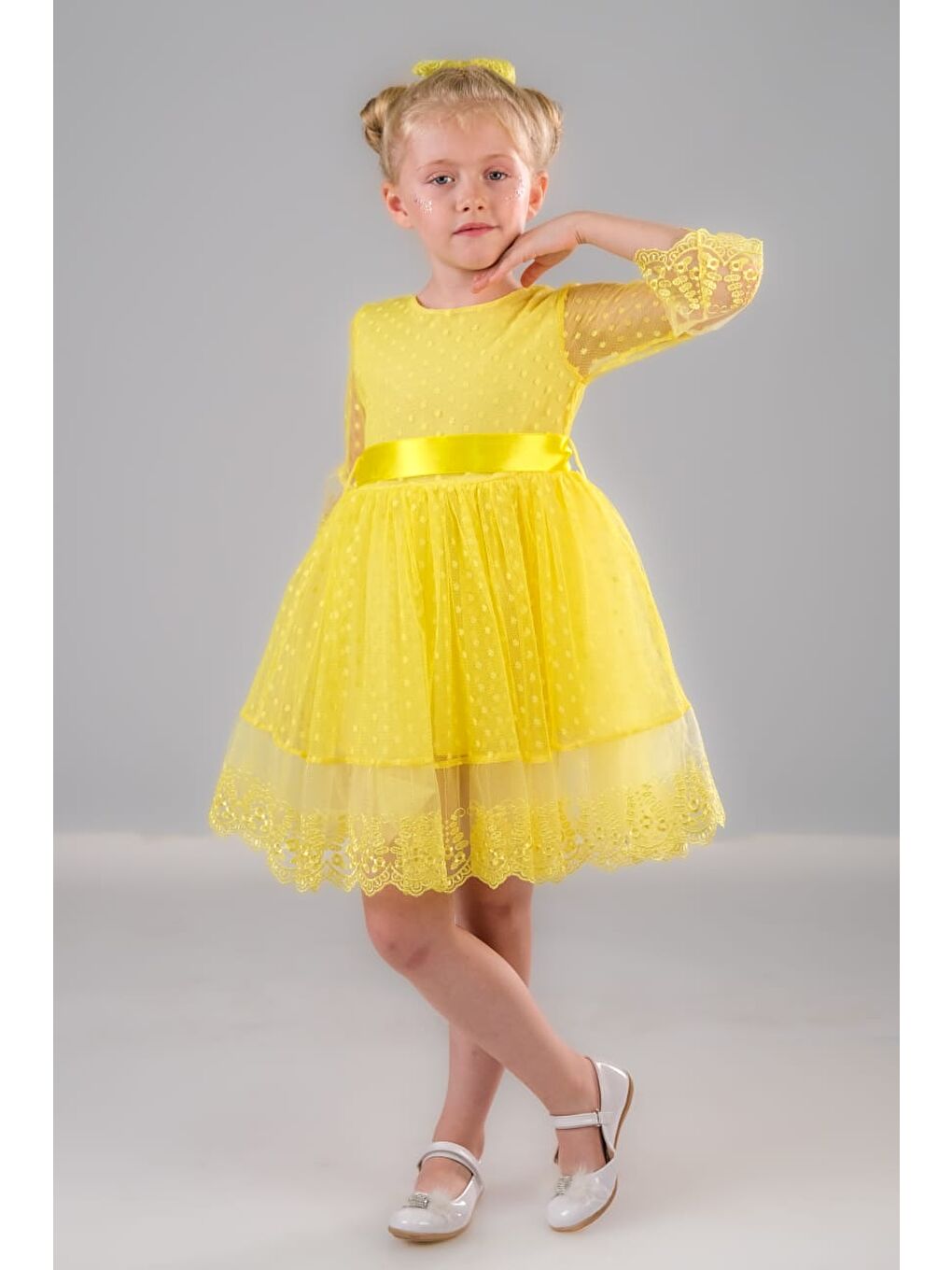Sarı Dream Luxury Dantel Kız Çocuk Elbise MNK0327-8