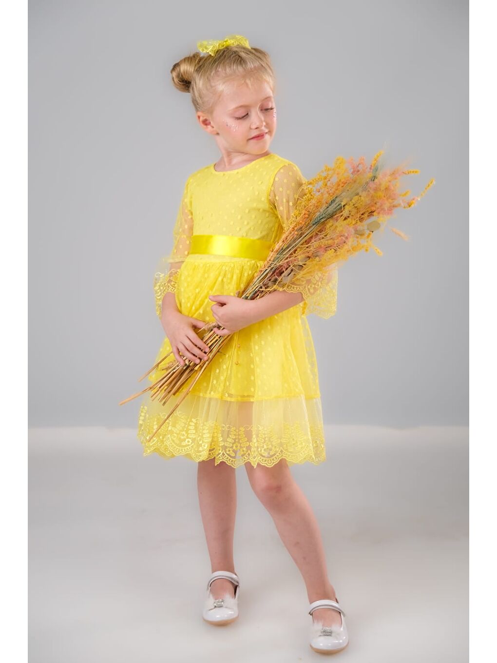 Sarı Dream Luxury Dantel Kız Çocuk Elbise MNK0327-9