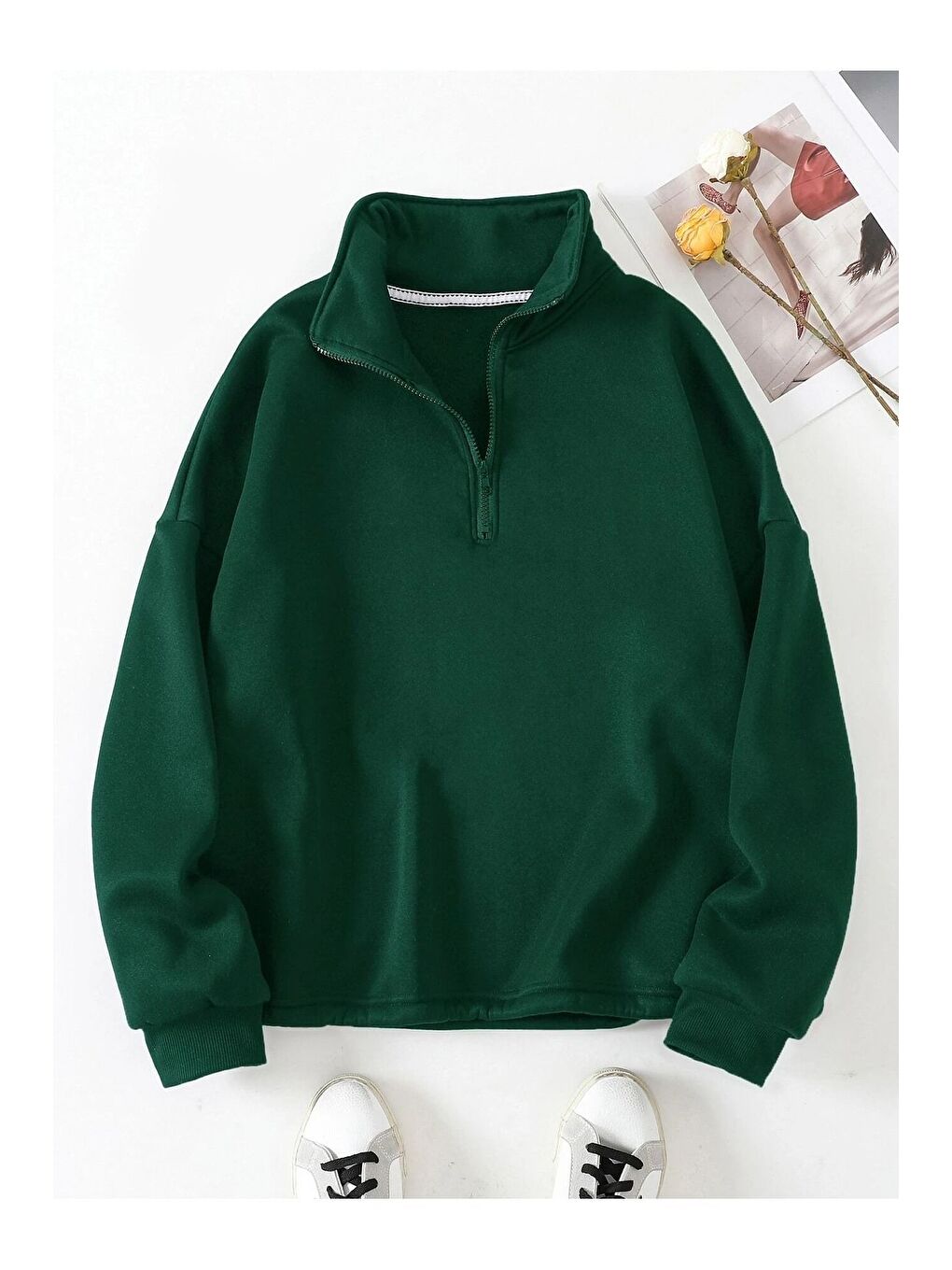 Trendseninle Kadın 3 İplik Nefti Yeşil Fermuarlı Dik Yaka Altı Starstoplu Lastikli Model Oversize Sweatshirt