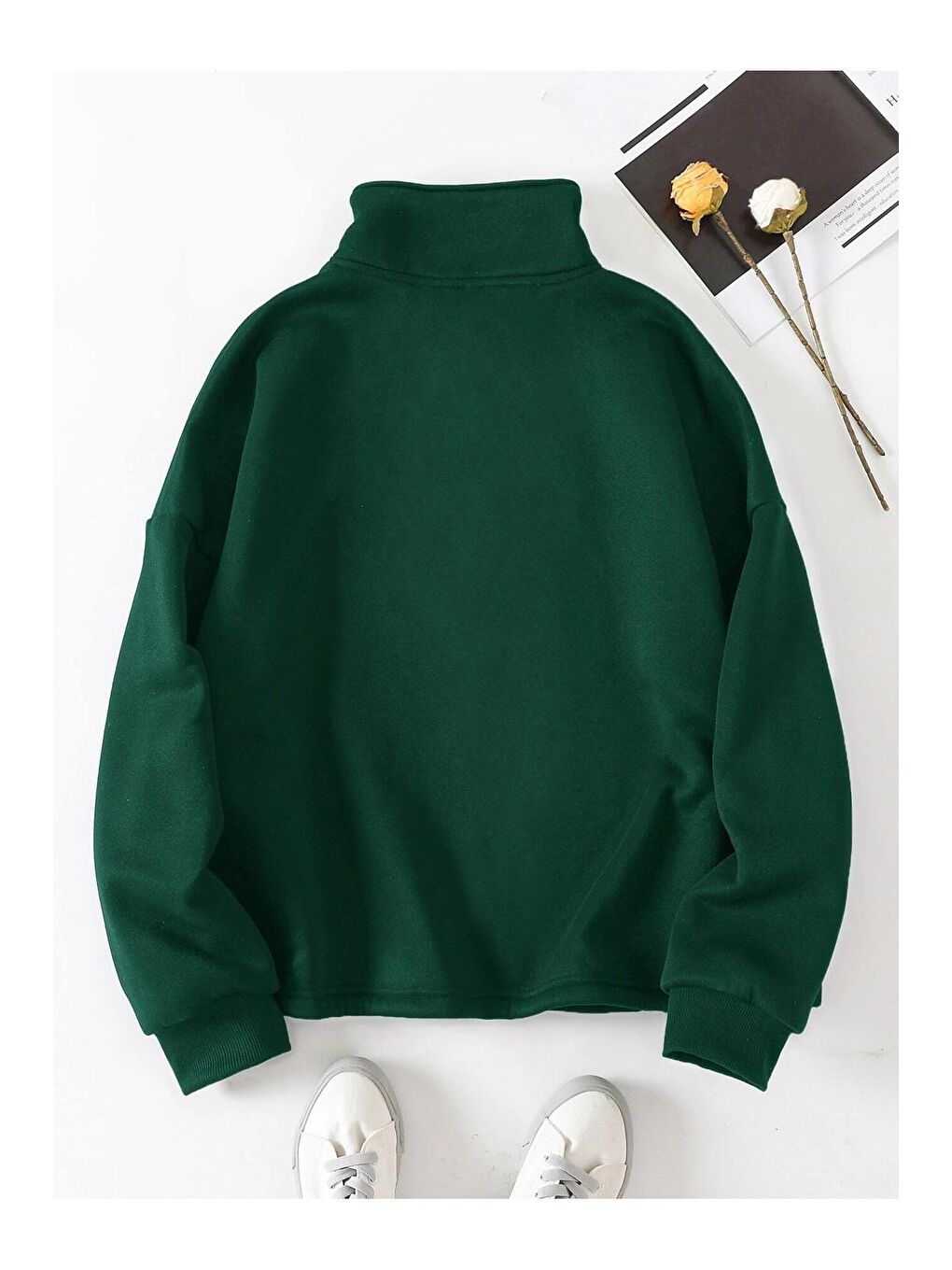 Trendseninle Kadın 3 İplik Nefti Yeşil Fermuarlı Dik Yaka Altı Starstoplu Lastikli Model Oversize Sweatshirt - 1