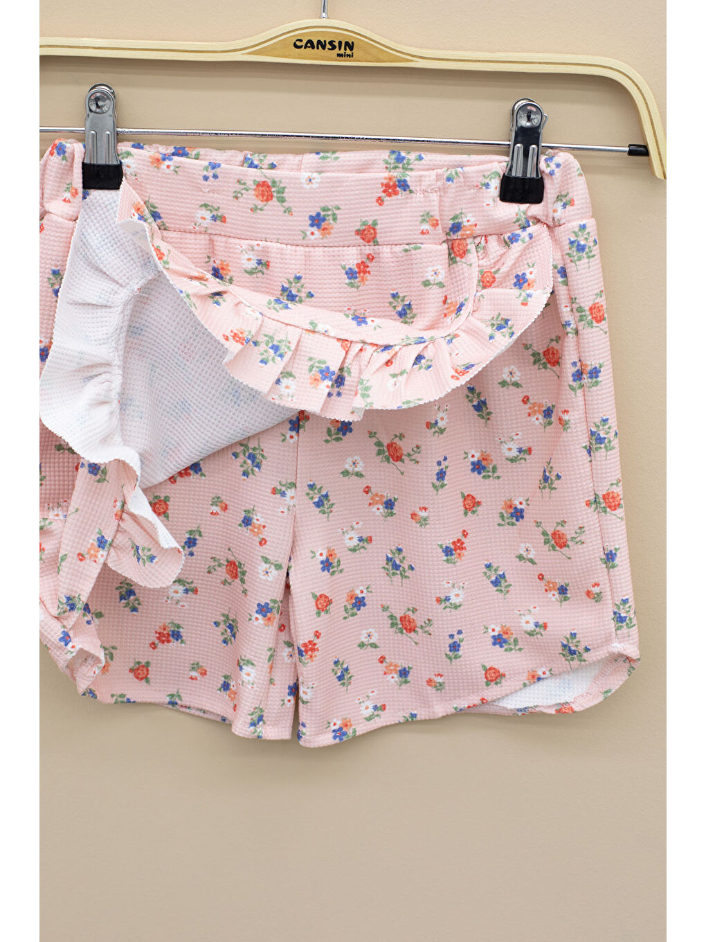 Pembe Somon Kolları Fırfırlı Çiçek Desenli Şort Etekli 2'li Takım 20715-4