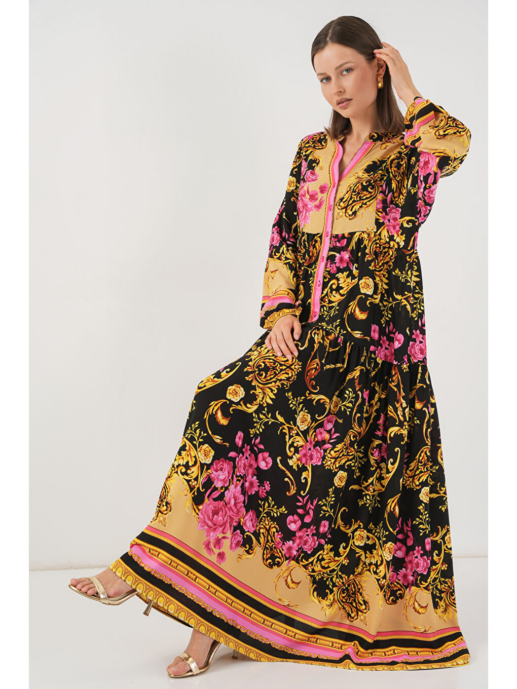 Kadın Desenli Uzun Tesettür Elbise 2585 - B.Sarı-2