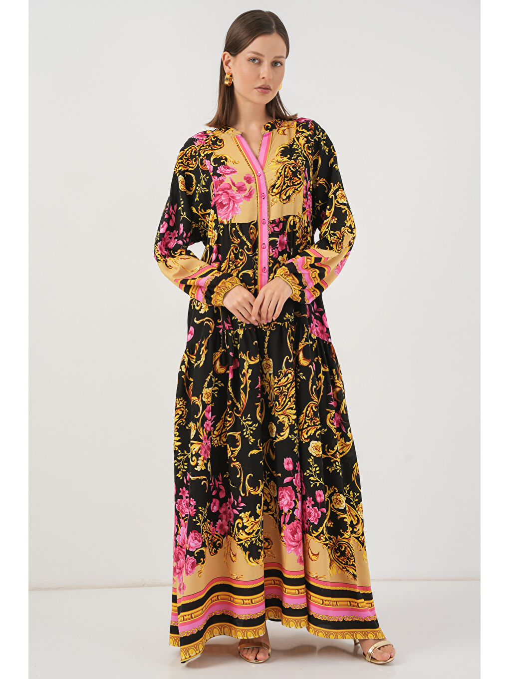 Kadın Desenli Uzun Tesettür Elbise 2585 - B.Sarı-3