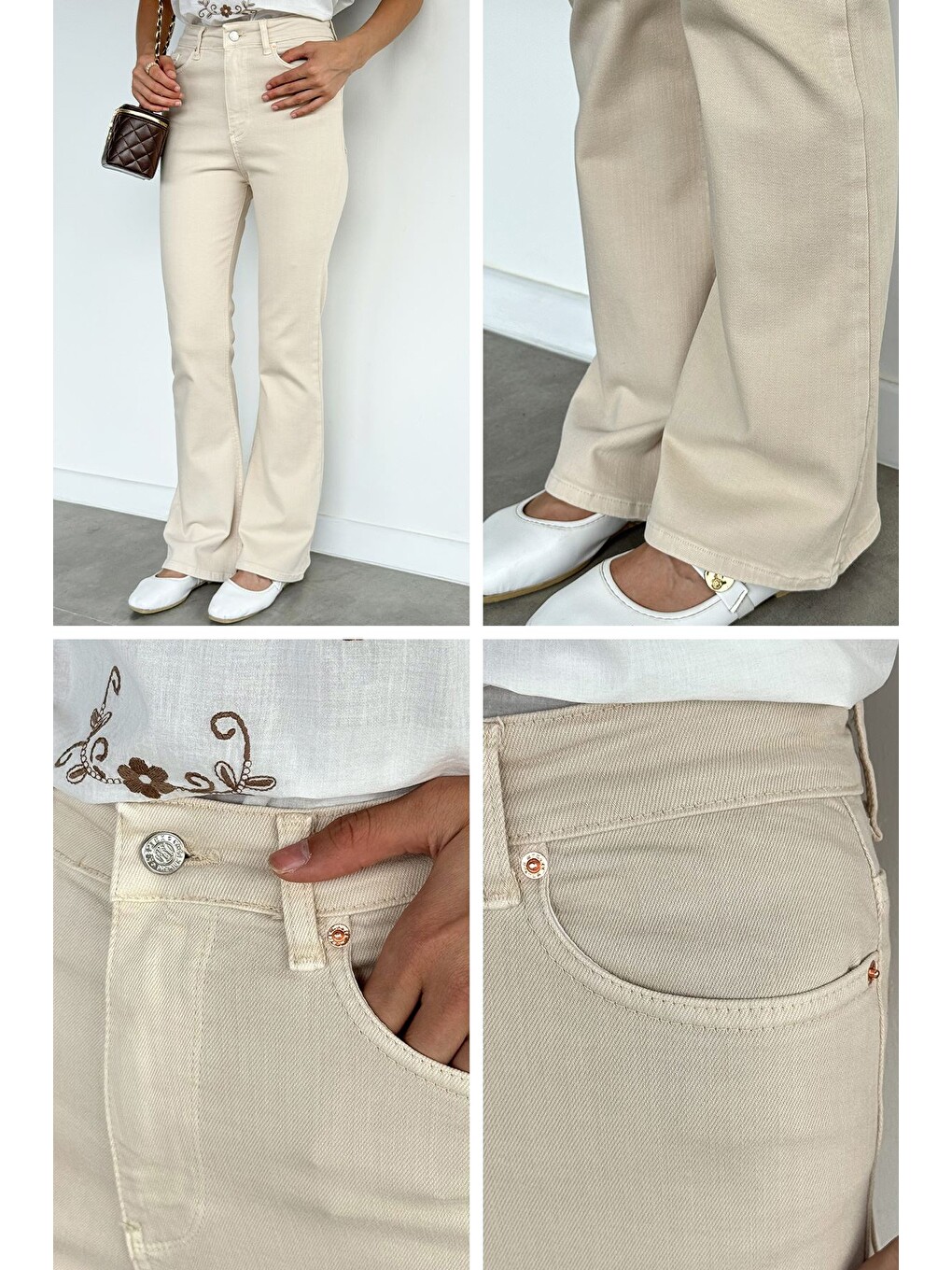 Bej Kadın Yüksek Bel İspanyol Paça Elastanlı Gabardin Pantolon-4