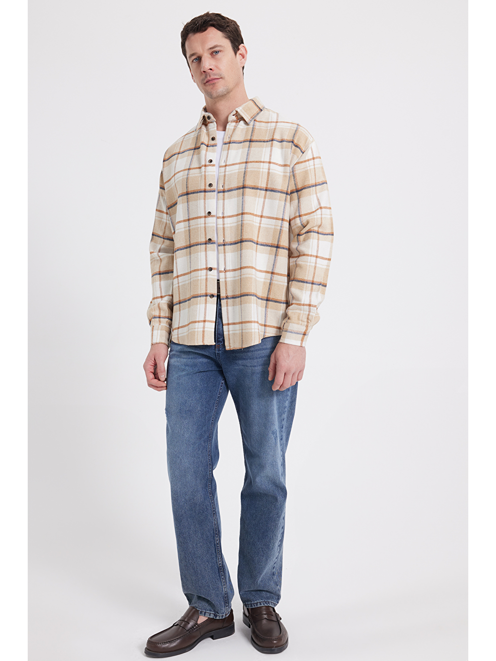 Bej Erkek Relax Fit Rahat Kesim Kışlık Kareli Oduncu Gömlek-1