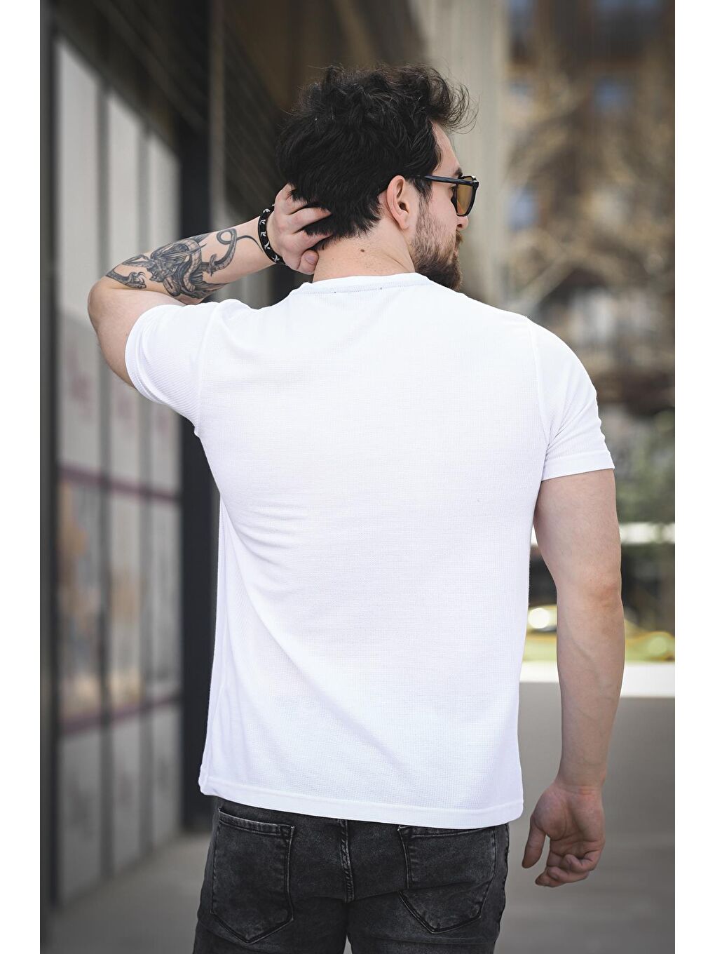 Beyaz Slow Lives Waffle Kumaş Bisiklet Yaka Baskılı Erkek Tshirt-2