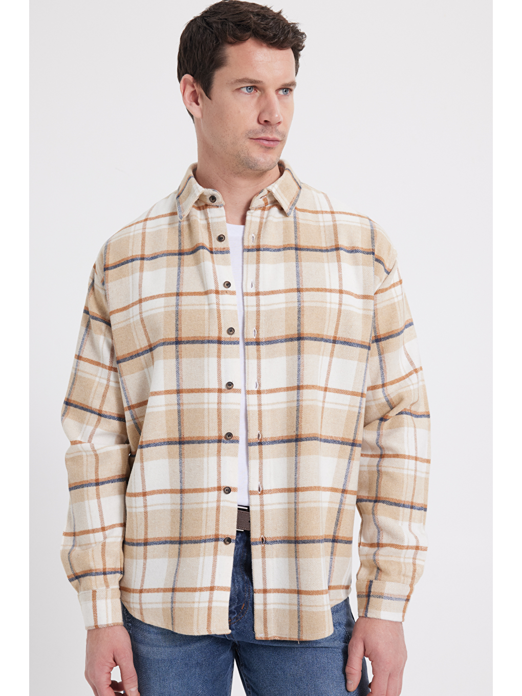 Bej Erkek Relax Fit Rahat Kesim Kışlık Kareli Oduncu Gömlek-2