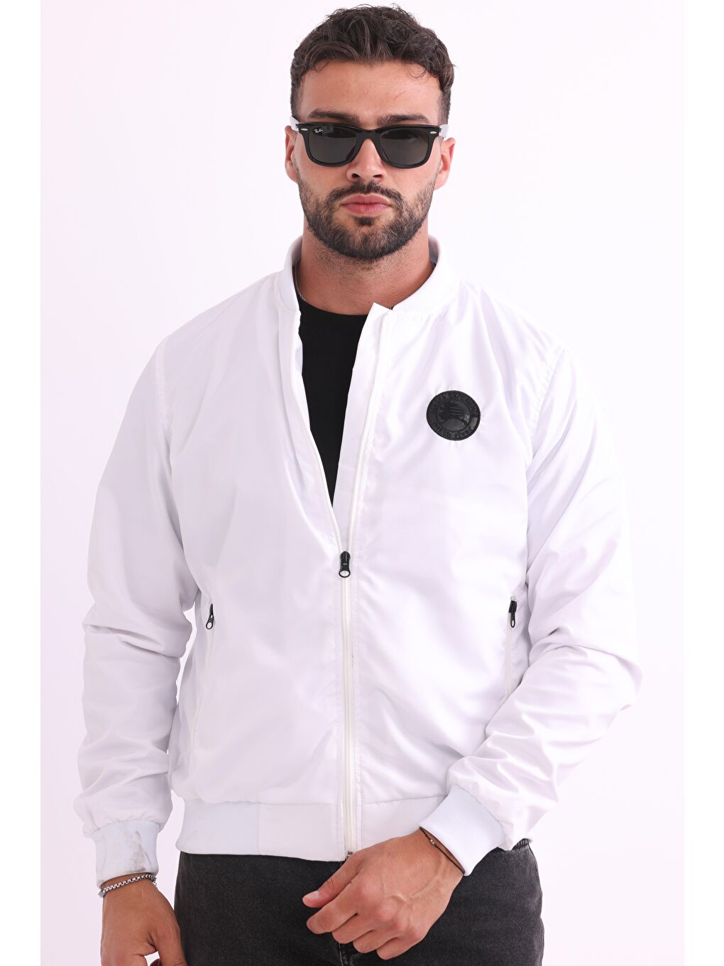 Beyaz Erkek Kolej Yaka Rüzgara Dayanıklı Mevsimlik Spor Mont M-6-2-2