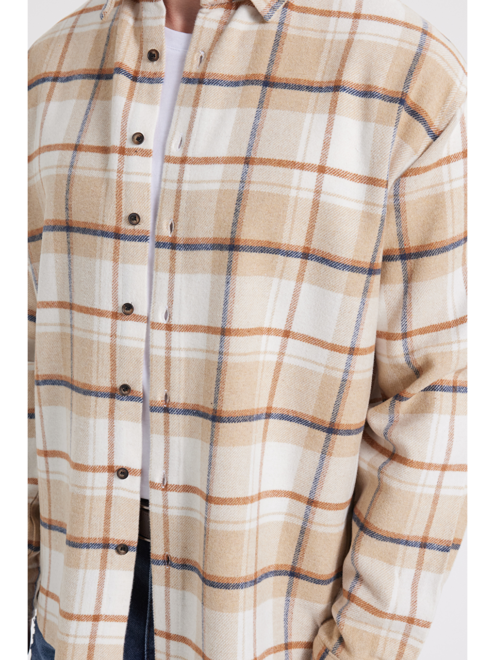 Bej Erkek Relax Fit Rahat Kesim Kışlık Kareli Oduncu Gömlek-3