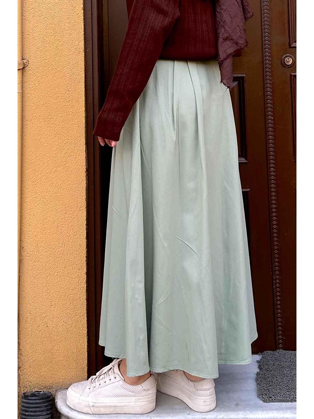 Cep Detaylı Kloş Keten Etek Mint Yeşili-1