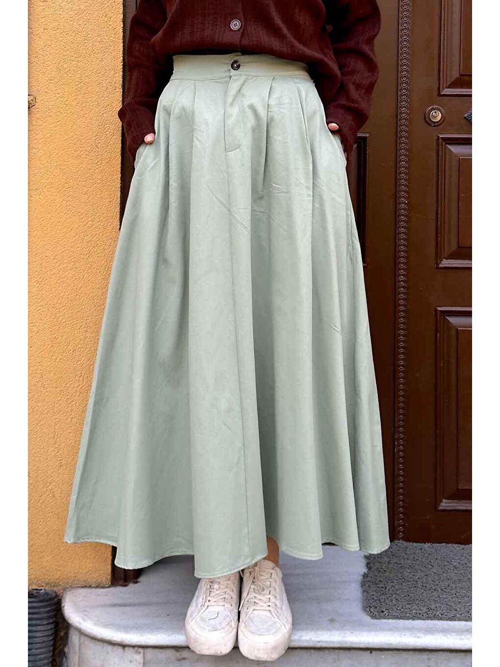 Cep Detaylı Kloş Keten Etek Mint Yeşili-2