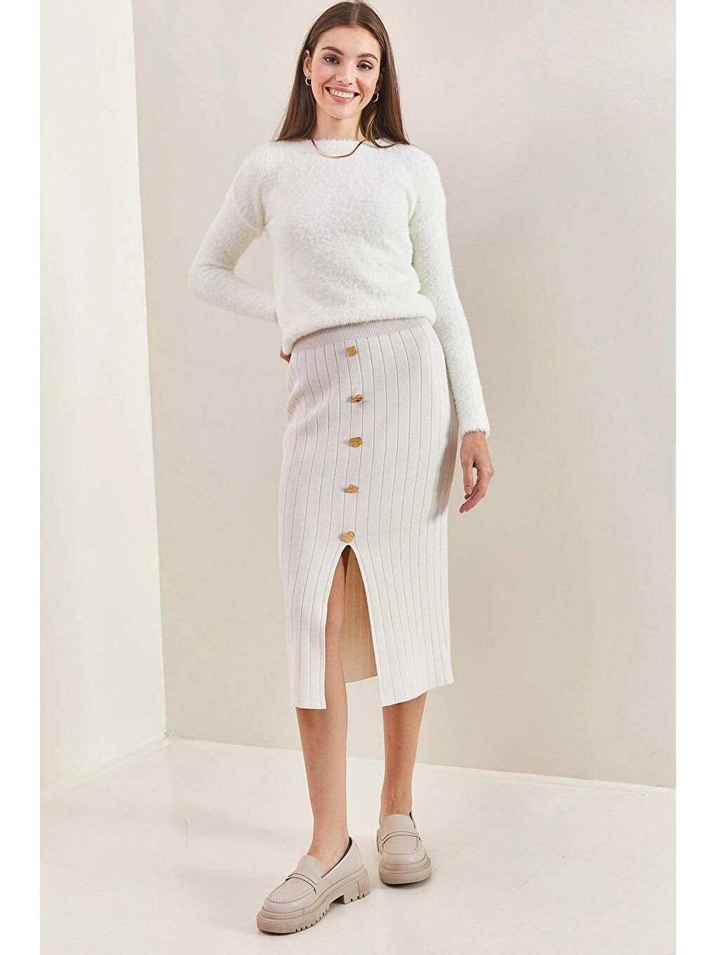 Ekru Kadın Düğmeli Triko Etek